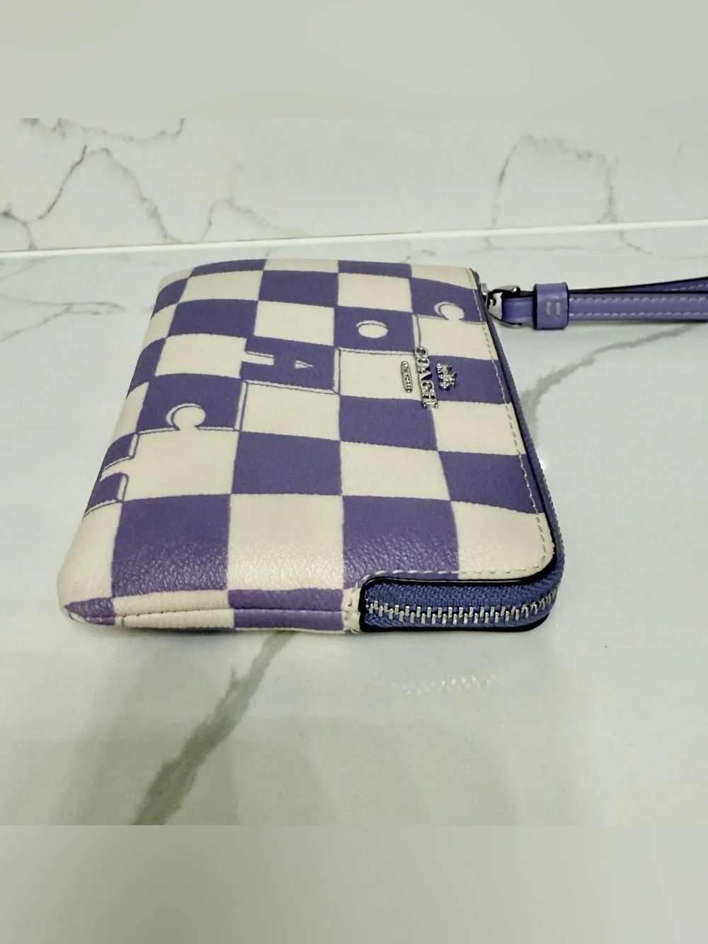 Coach Corner Zip Wristlet in Checkerboard Print Light Violet Chalk CR813